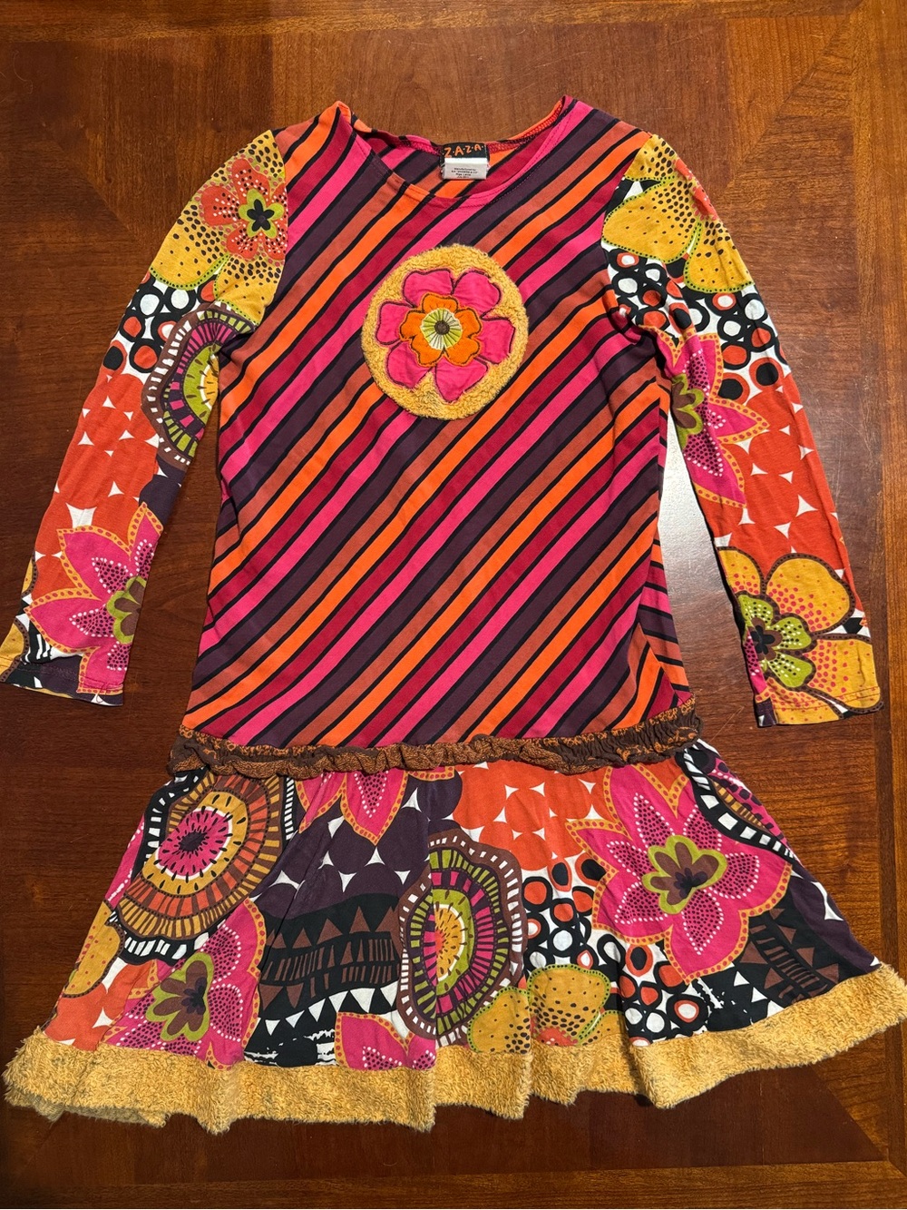 Zaza Couture Girls Striped Floral Patchwork Dress in Pink & Orange